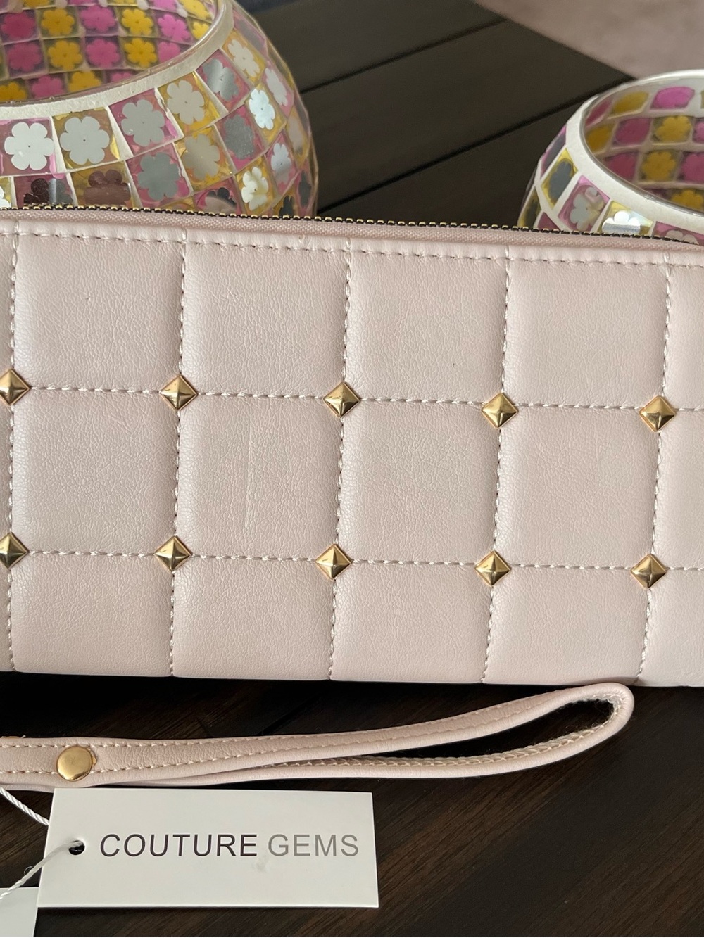 Blush Quilted Wristlet with Gold Studs